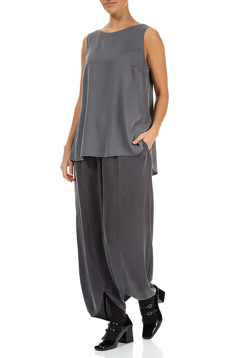 Sleeveless Longer Back Grey Silver Silk Top 4