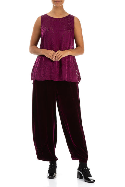 Sleeveless Magenta Devoré Feather Silk Top