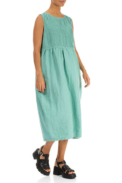 Sleeveless Mint Pintuck Linen Dress
