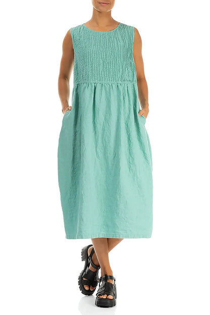 Sleeveless Mint Pintuck Linen Dress