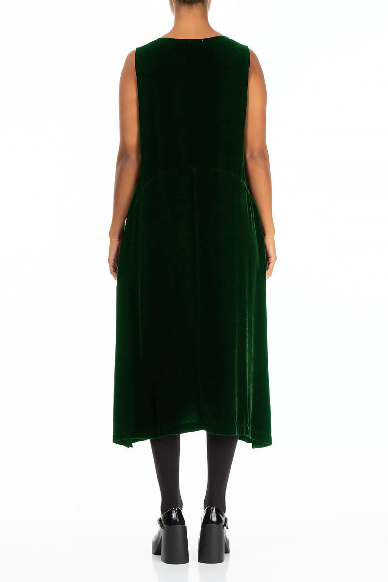Sleeveless Pine Green Silk Velvet Shift Dress