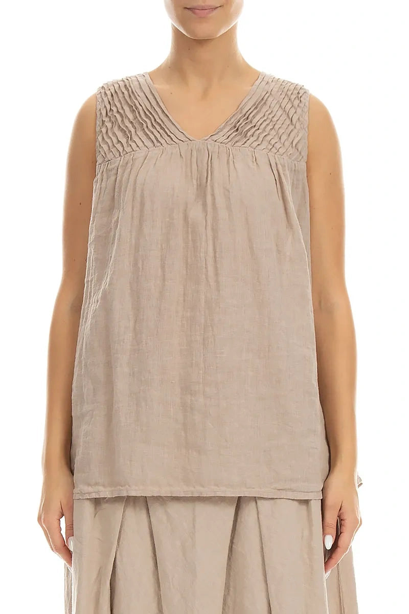 Sleeveless Pleated Beige Linen Top 1