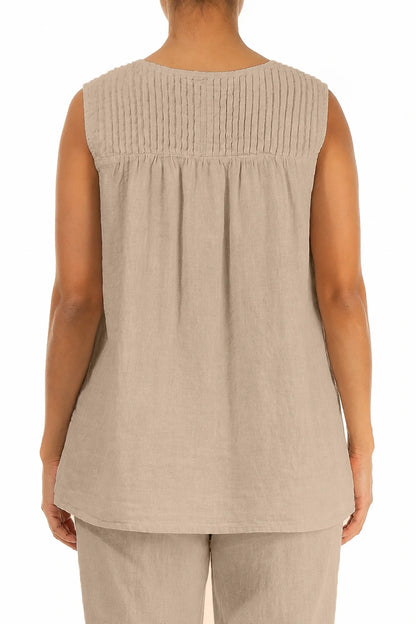 Sleeveless Pleated Beige Linen Top 2
