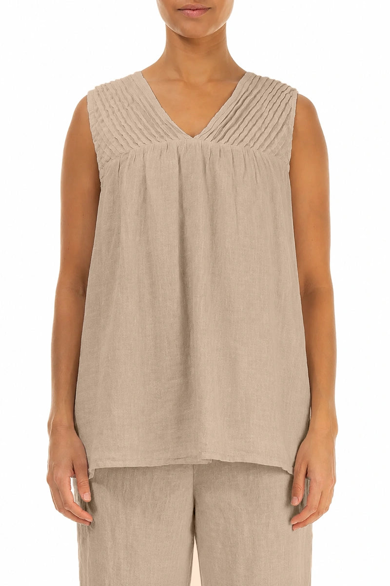 Ärmelloses plissiertes Leinen-Top in Beige