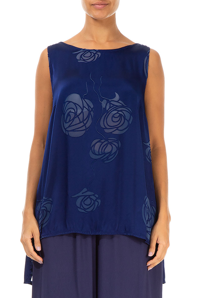 Sleeveless Roses Cobalt Blue Silk Top