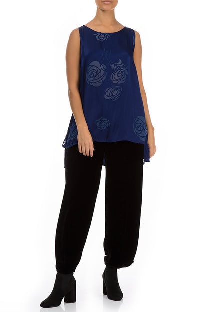 Sleeveless Roses Cobalt Blue Silk Top