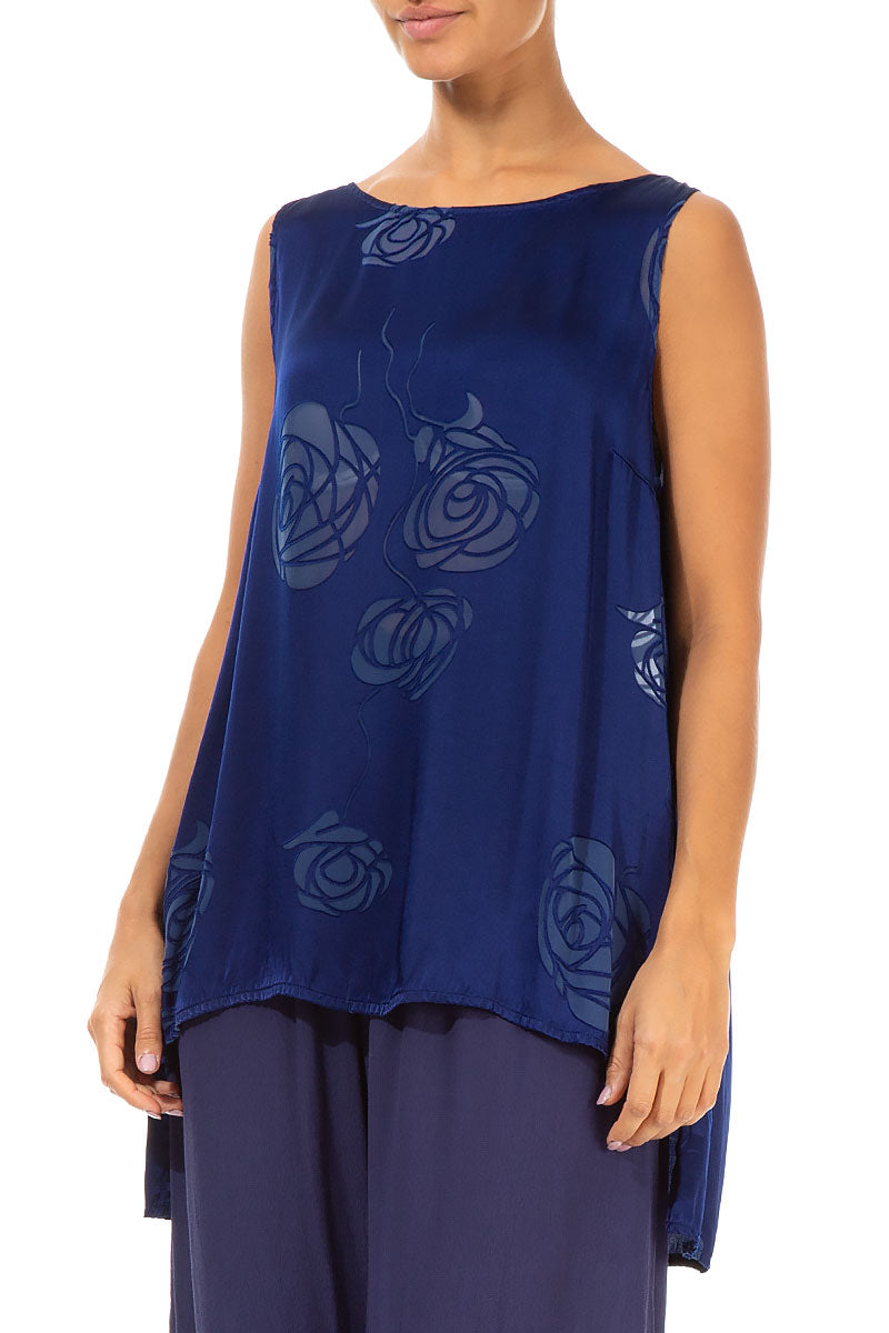 Sleeveless Roses Cobalt Blue Silk Top