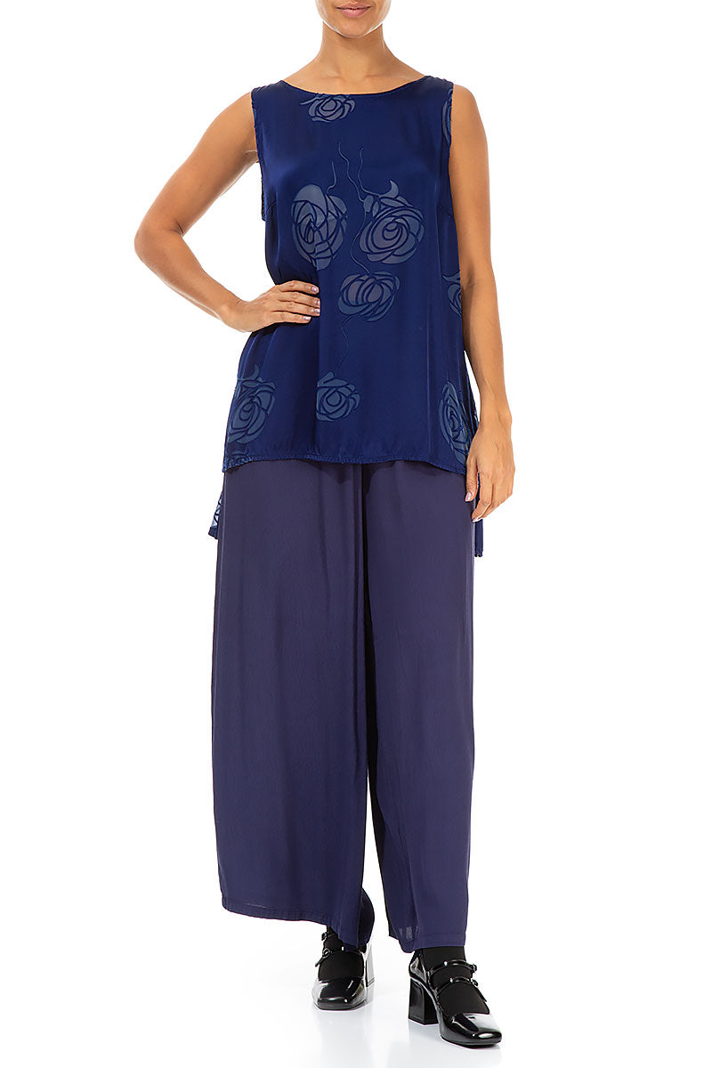 Sleeveless Roses Cobalt Blue Silk Top