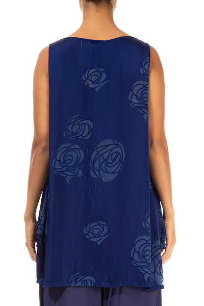 Sleeveless Roses Cobalt Blue Silk Top