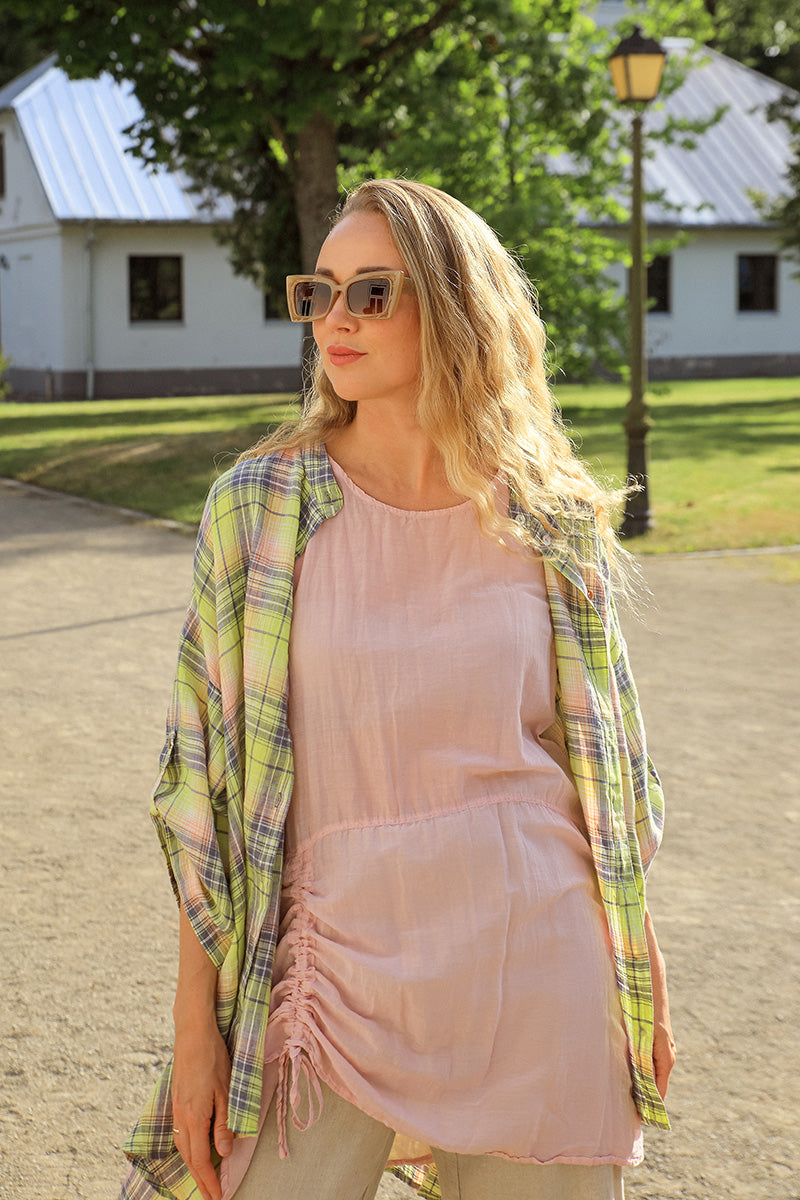 Sleeveless Ruched Side Powder Pink Silk Cotton Tunic 6