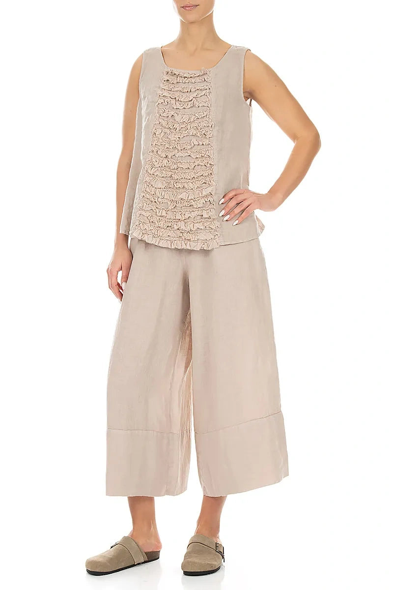 Sleeveless Ruffled Beige Linen Top 4