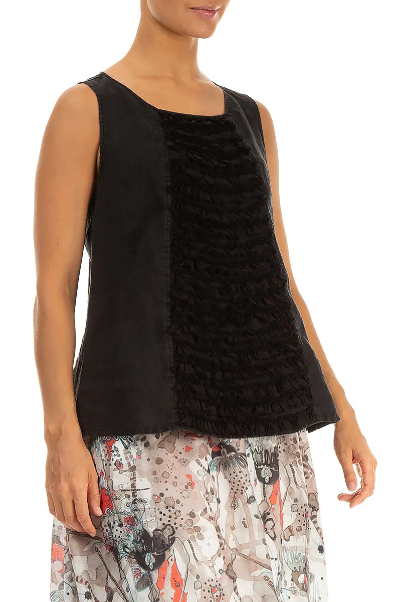 Sleeveless Ruffled Black Linen Top 4