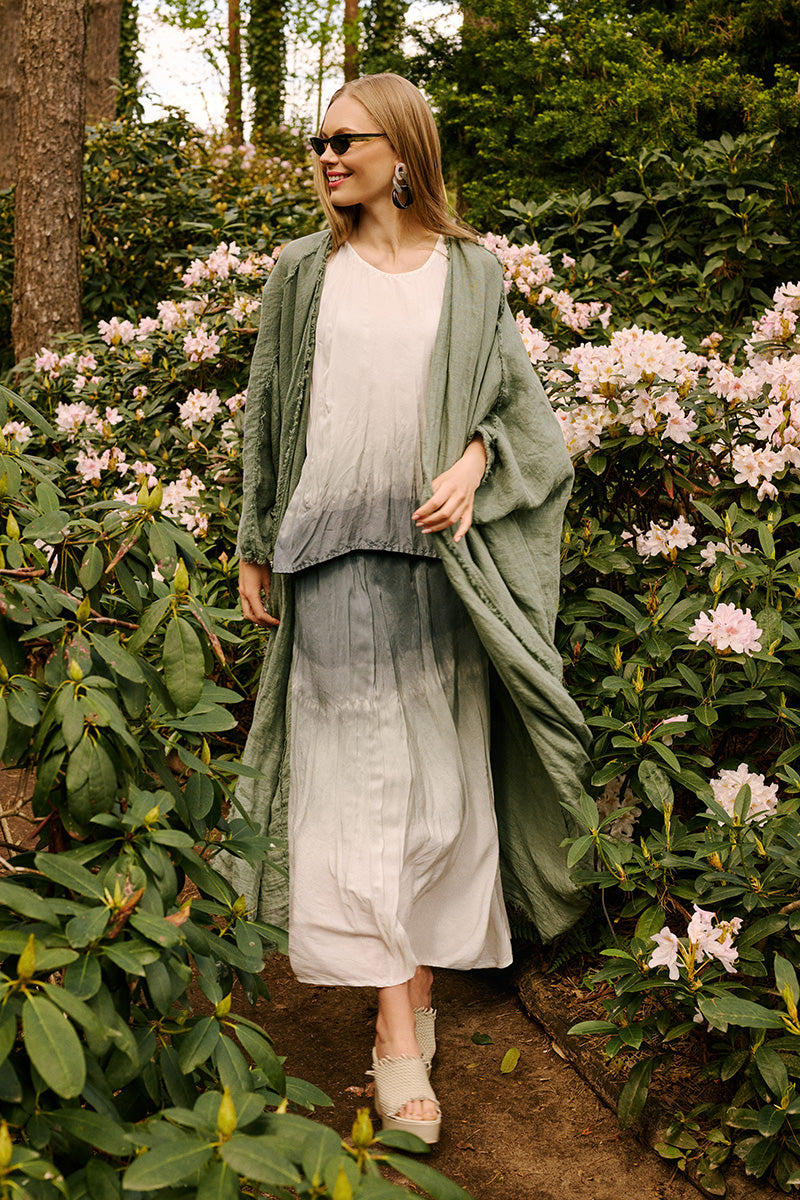 Sleeveless Sage Ombré Crumpled Pure Silk Blouse
