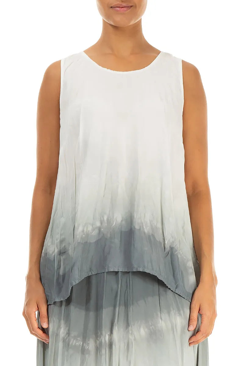 Sleeveless Sage Ombré Crumpled Pure Silk Blouse