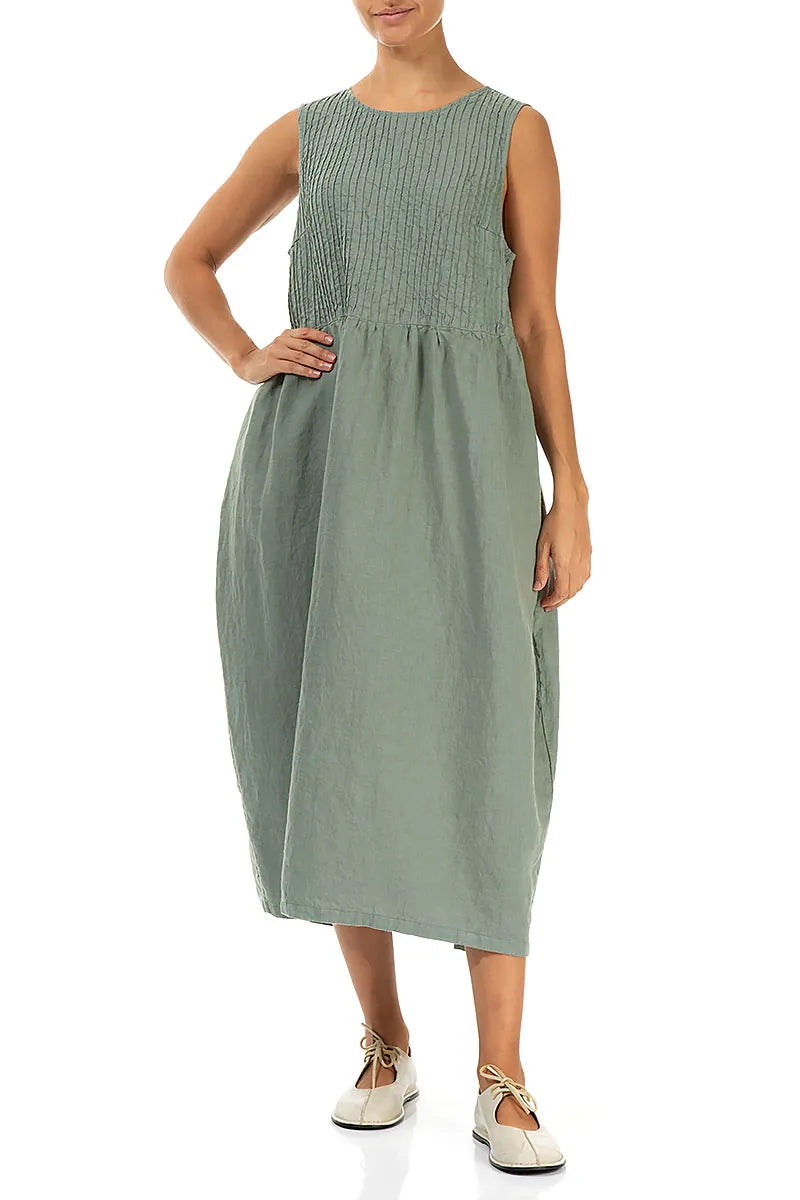 Ärmelloses Leinenkleid Sage Pintuck
