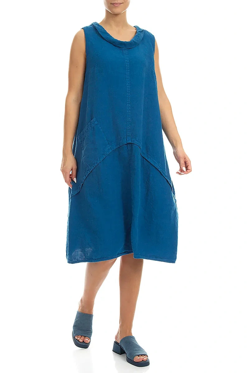 chinese dress ladies Sleeveless Sculpted Cobalt Blue Linen Dress – grizas.com