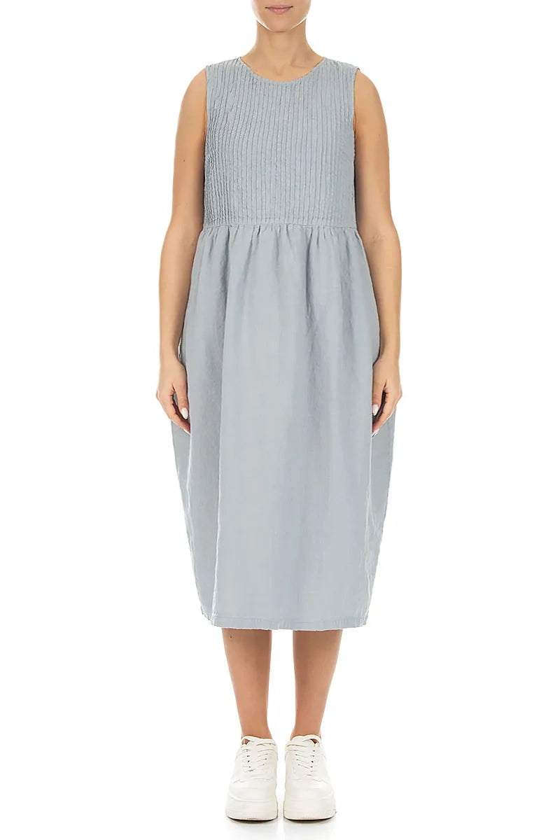 Sleeveless Silver Grey Pintuck Linen Dress