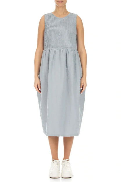Sleeveless Silver Grey Pintuck Linen Dress