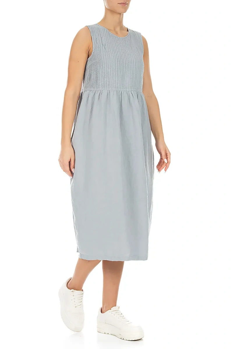 Sleeveless Silver Grey Pintuck Linen Dress