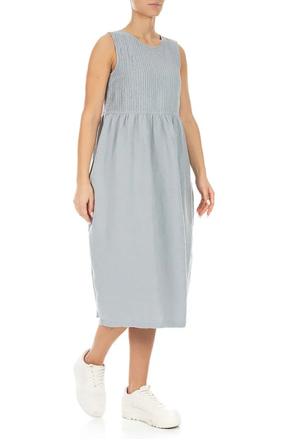 Sleeveless Silver Grey Pintuck Linen Dress