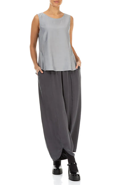 Long Taper Silver Crumpled Silk Velvet Trousers 4