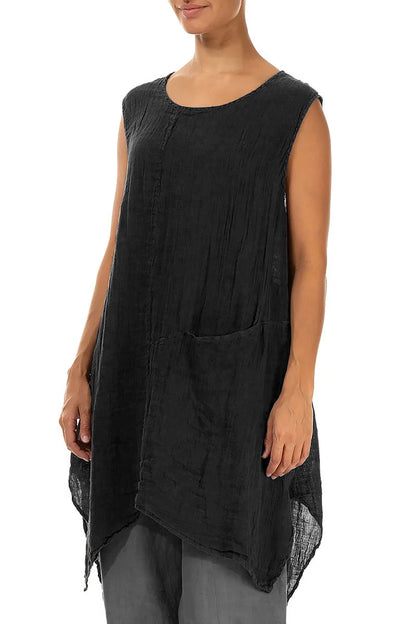 Sleeveless Single Pocket Black Gauze Linen Tunic 3
