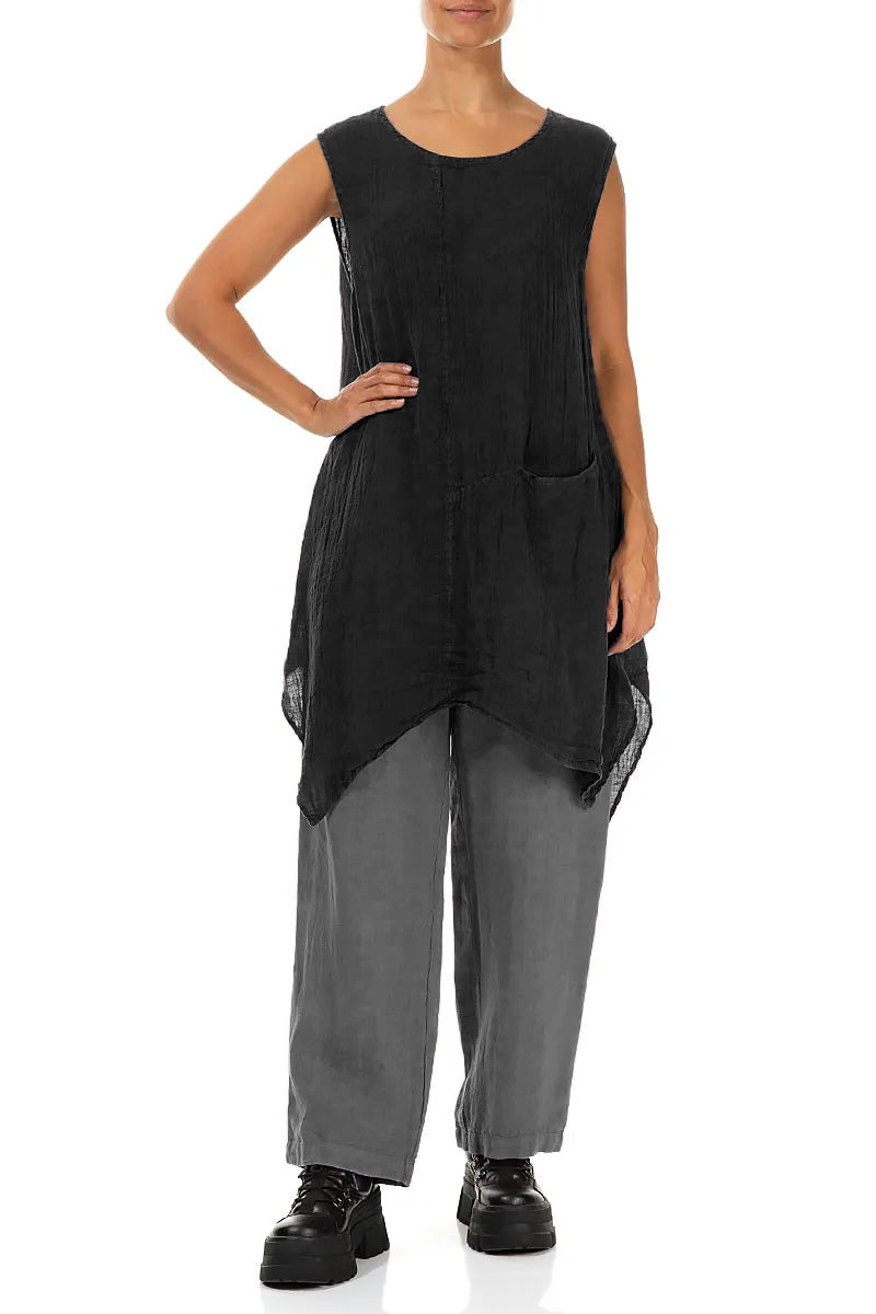 Sleeveless Single Pocket Black Gauze Linen Tunic 4