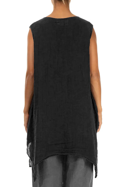 Sleeveless Single Pocket Black Gauze Linen Tunic 2