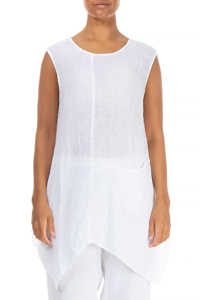 Sleeveless Single Pocket White Gauze Linen Tunic