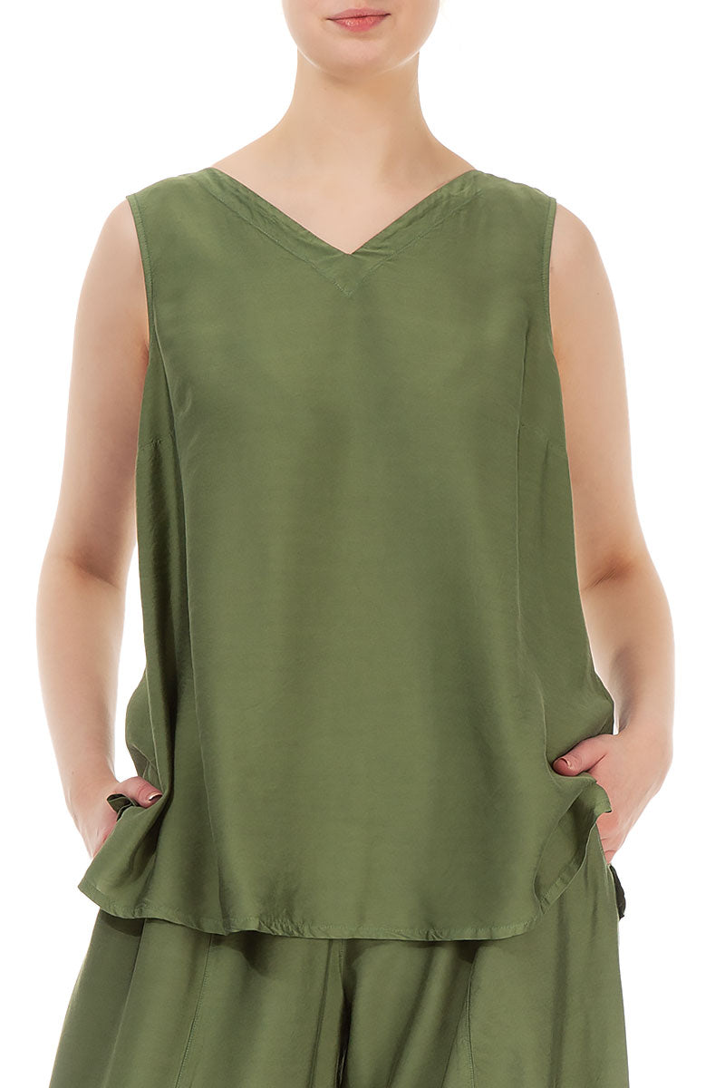 Sleeveless V-Neck Dark Sage Silk Bamboo Top