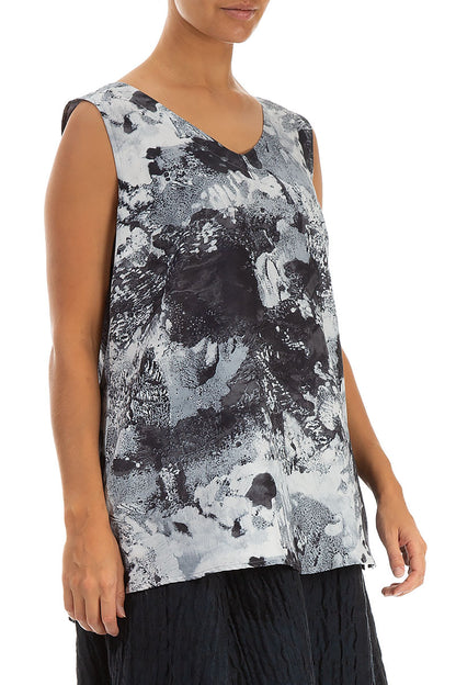 Sleeveless V-Neck Marble Silk Cotton Blouse