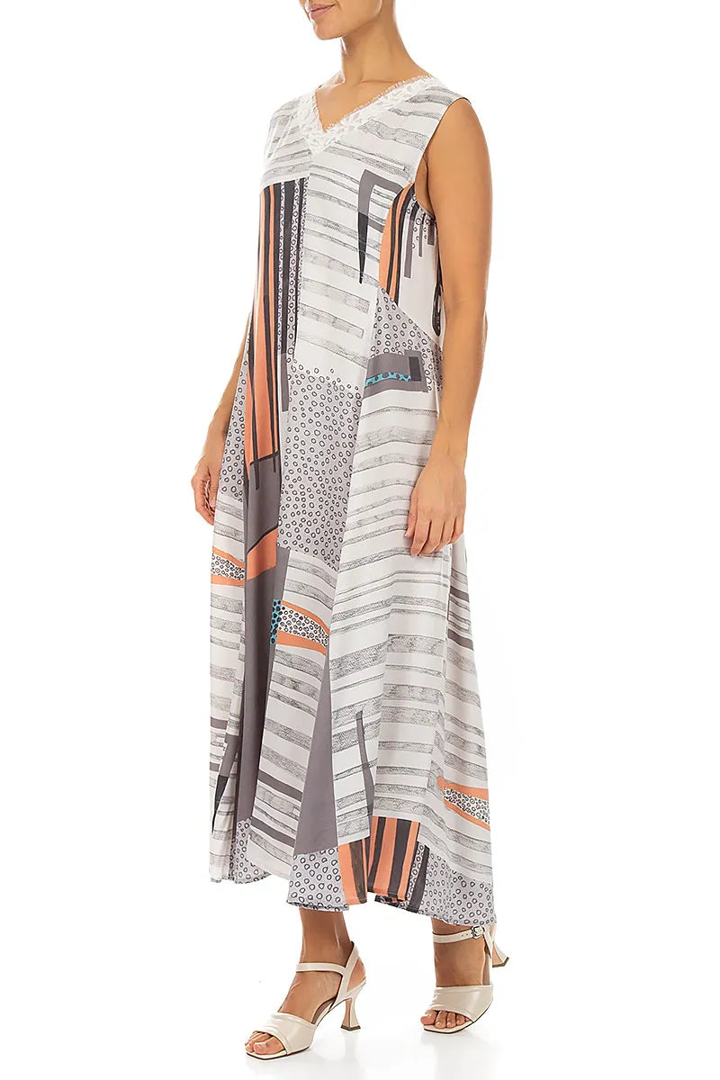 Sleeveless V-Neck Modern Print Silk Dress 3
