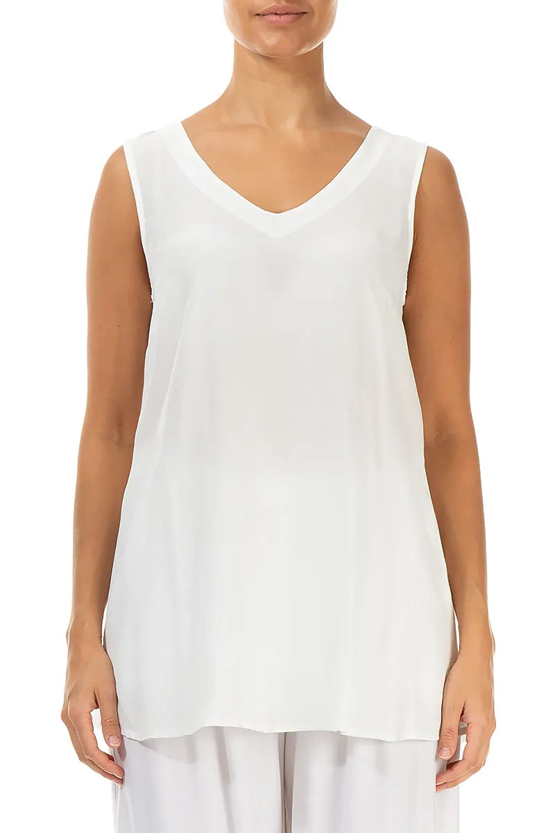 Sleeveless V-Neck White Silk Bamboo Blouse 1