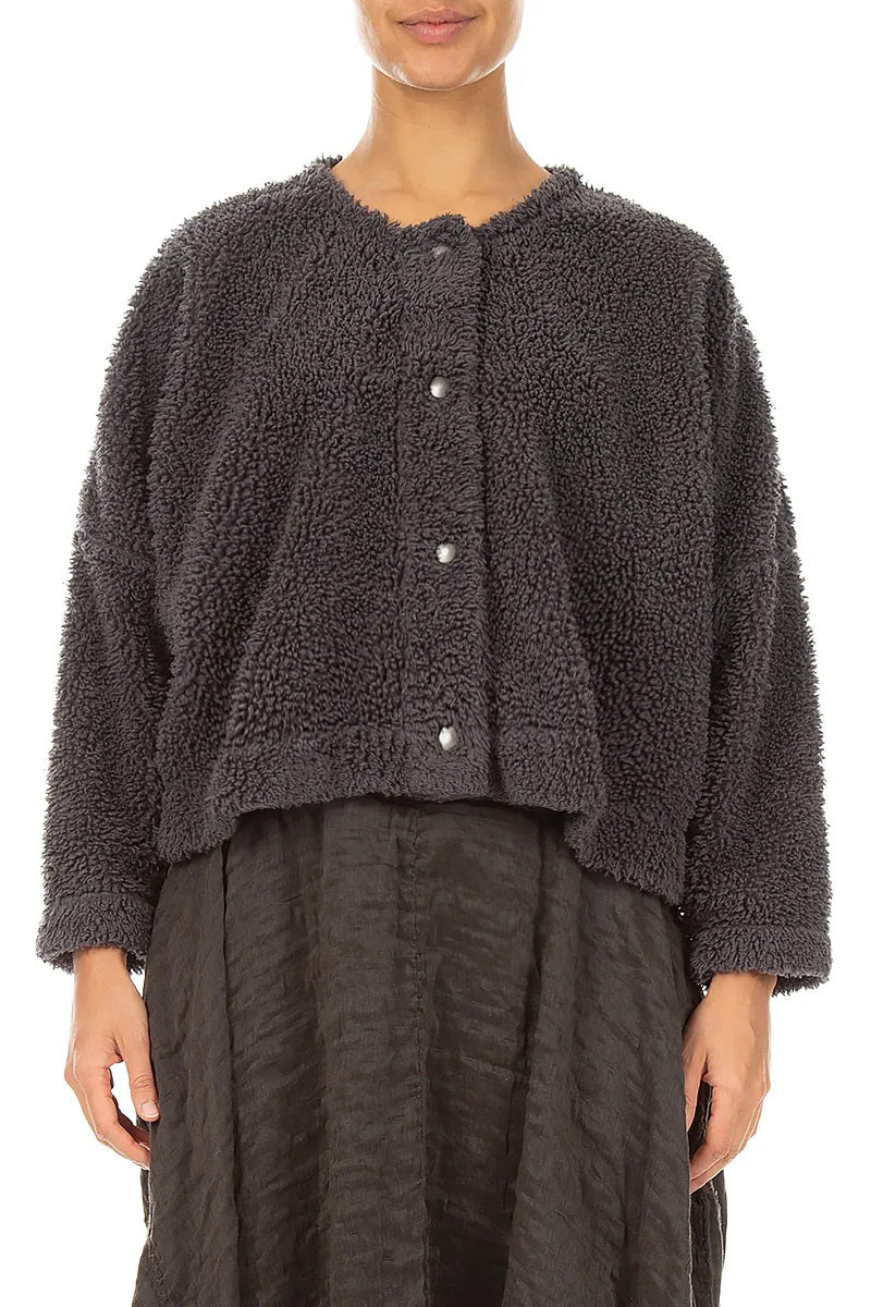 Graphitfarbene Teddy-Baumwolljacke mit Druckknöpfen