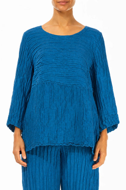 Blouse souple en lin de soie froissé bleu cobalt
