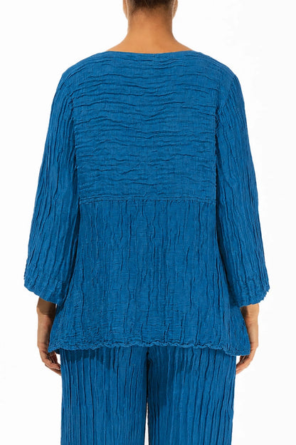 Blouse souple en lin de soie froissé bleu cobalt