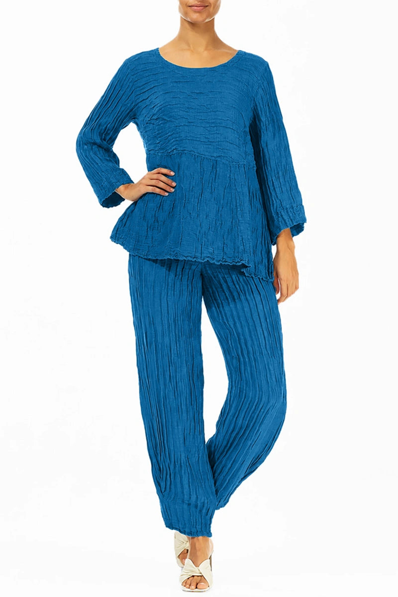 Blouse souple en lin de soie froissé bleu cobalt