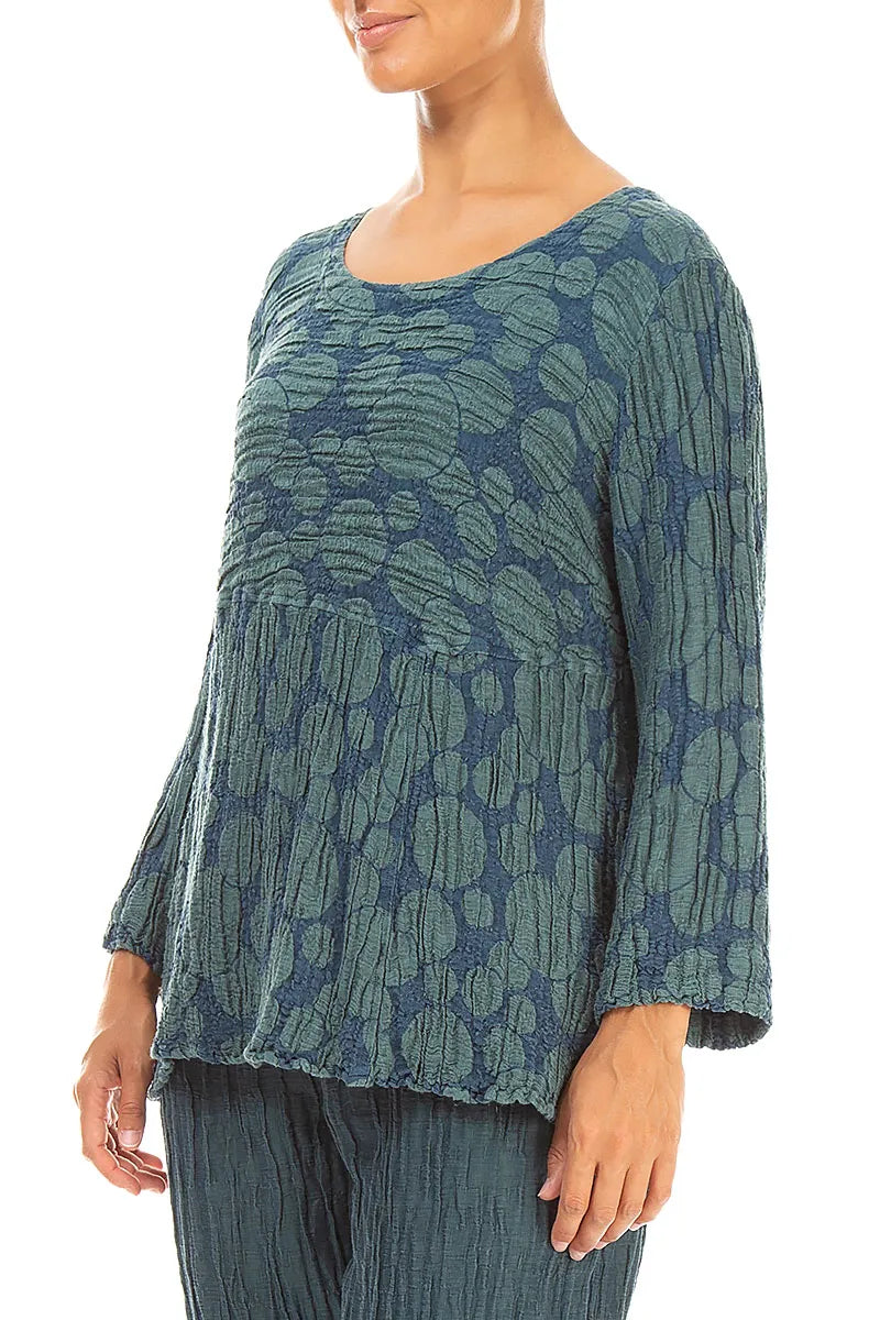 Soft-Shaped Deep Turquoise Circle Silk Linen Blouse