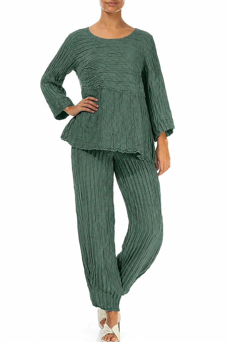 Soft-Shaped Sage Crinkled Silk Linen Blouse
