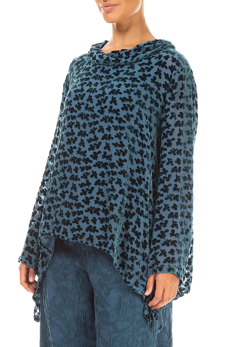 Soft Cowl Devoré Petals Deep Turquoise Silk Velvet Blouse