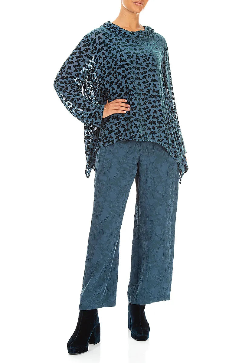 Soft Cowl Devoré Petals Deep Turquoise Silk Velvet Blouse