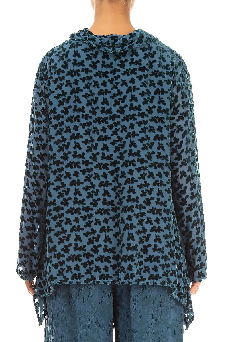 Soft Cowl Devoré Petals Deep Turquoise Silk Velvet Blouse