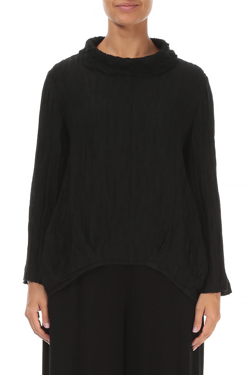 Soft Cowl Neck Crinkled Black Silk Blouse