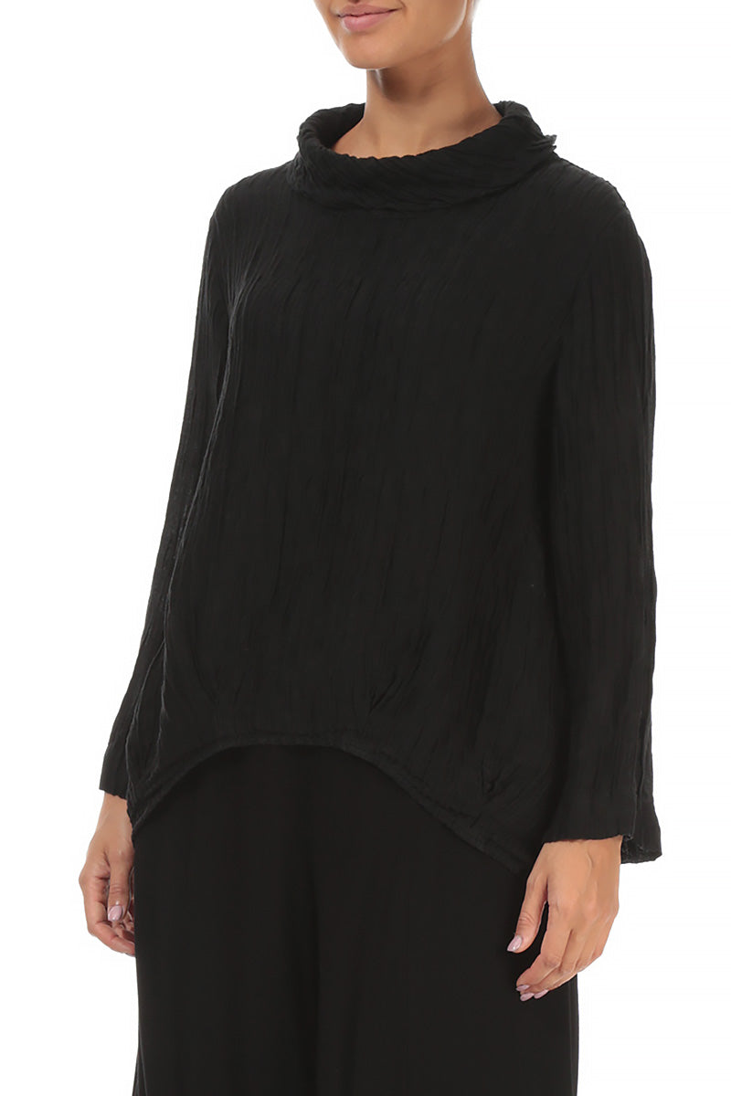 Soft Cowl Neck Crinkled Black Silk Blouse