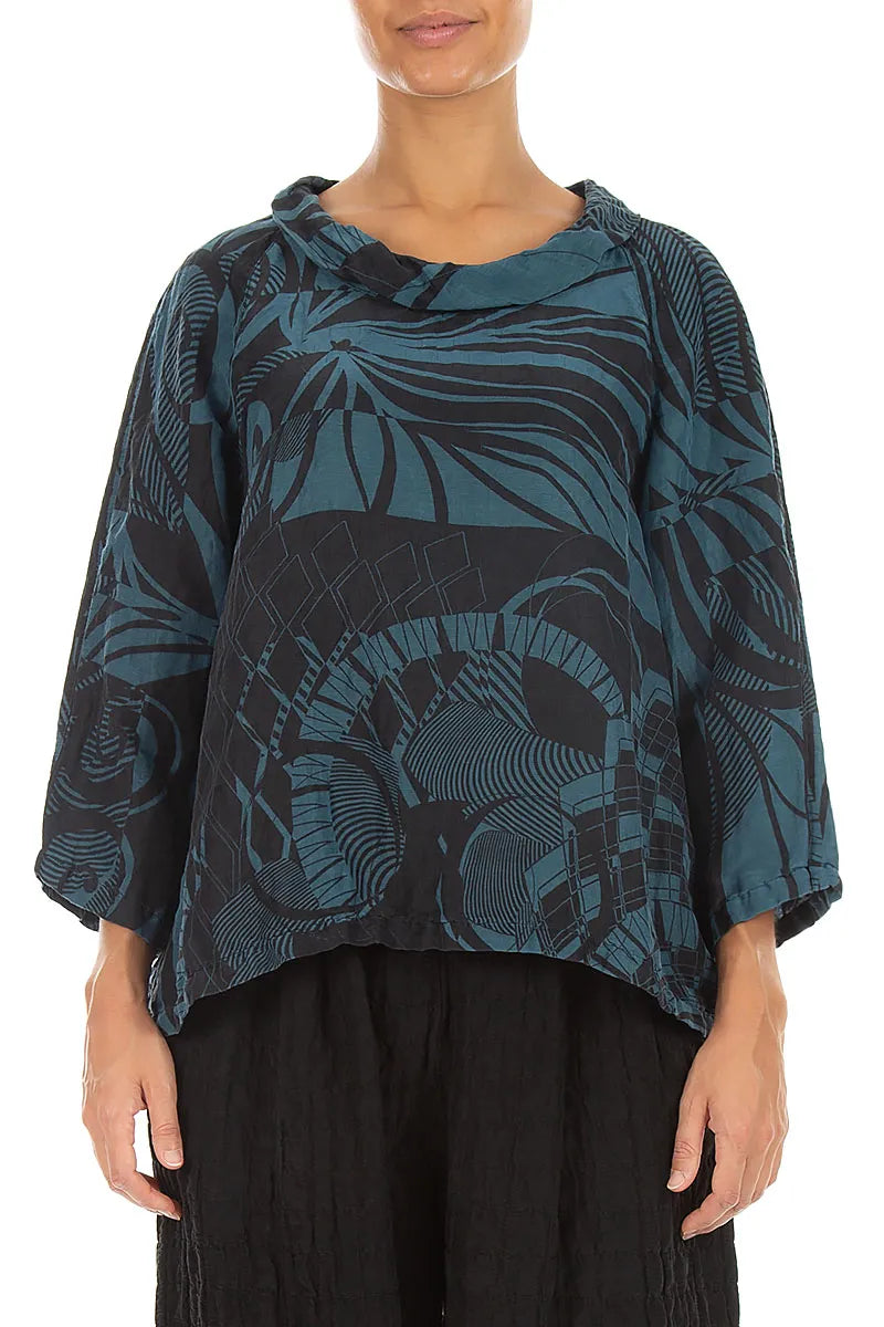 Soft Cowl Neck Deep Turquoise Orbit Textured Silk Blouse