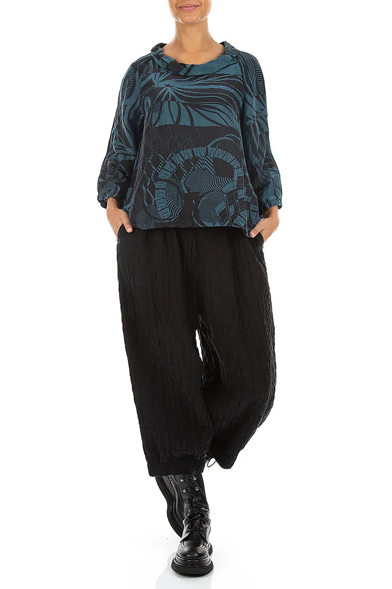 Soft Cowl Neck Deep Turquoise Orbit Textured Silk Blouse 4