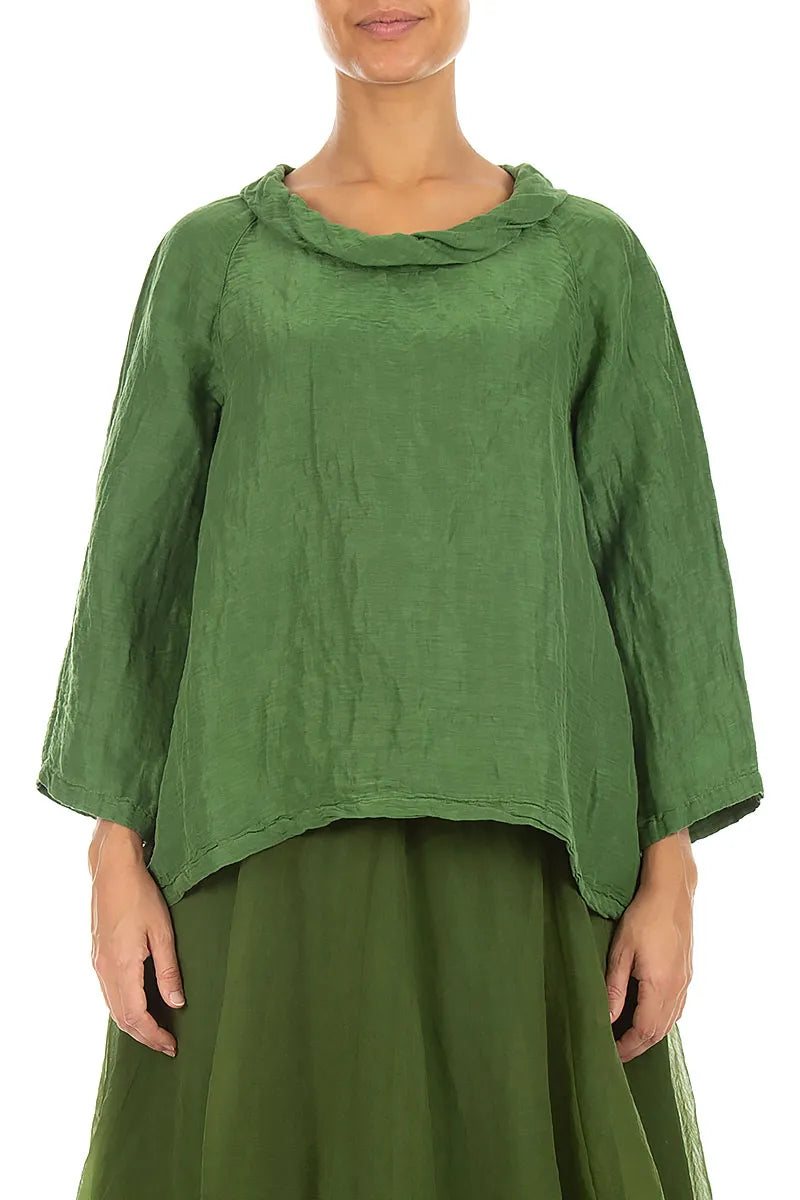 Soft Cowl Neck Shamrock Green Textured Silk Blouse 1