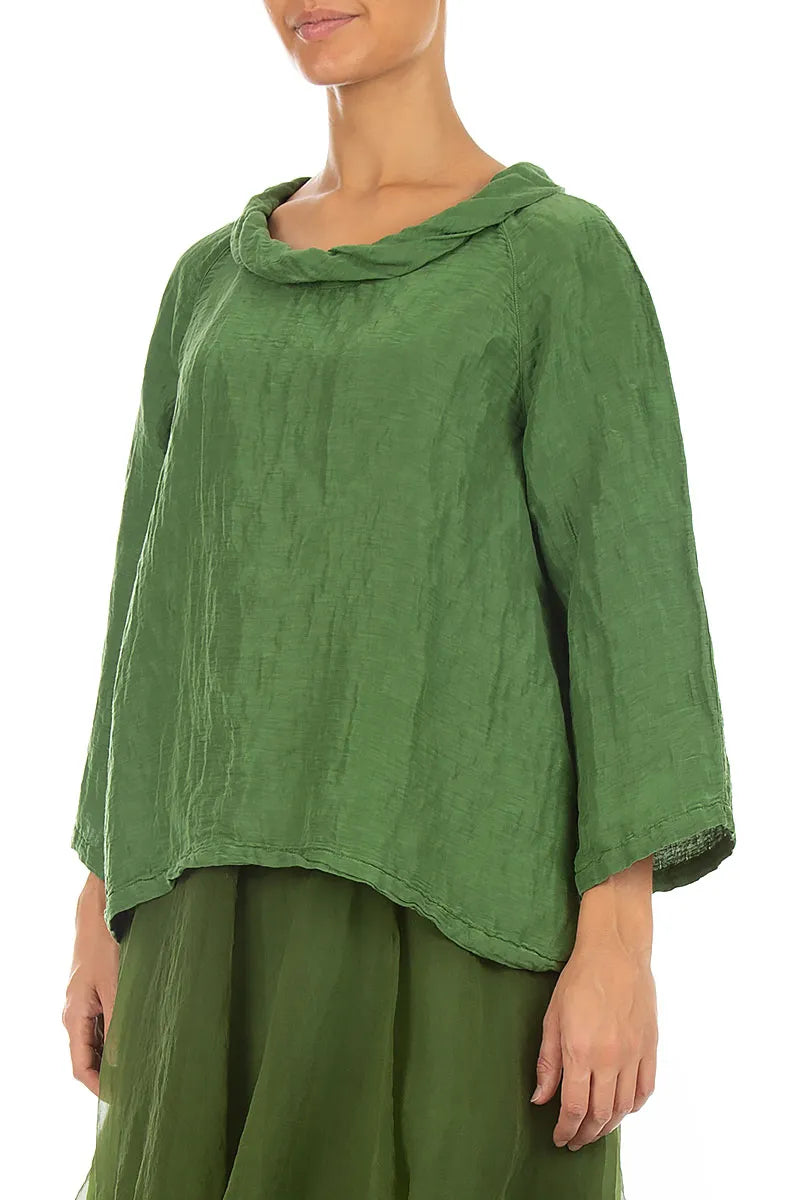 Soft Cowl Neck Shamrock Green Textured Silk Blouse 3