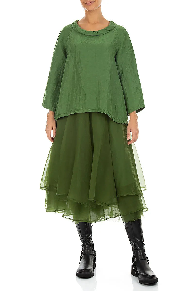 Soft Cowl Neck Shamrock Green Textured Silk Blouse 4