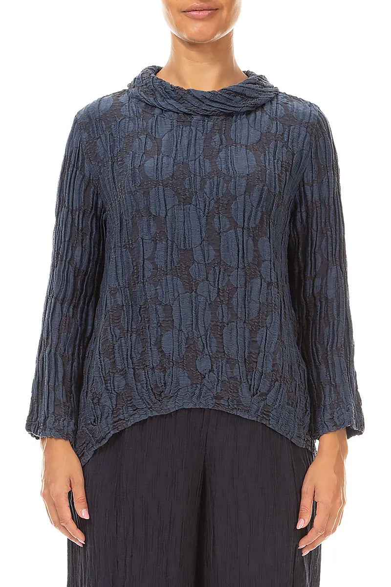 Soft Cowl Neck Slate Blue Circle Silk Linen Blouse